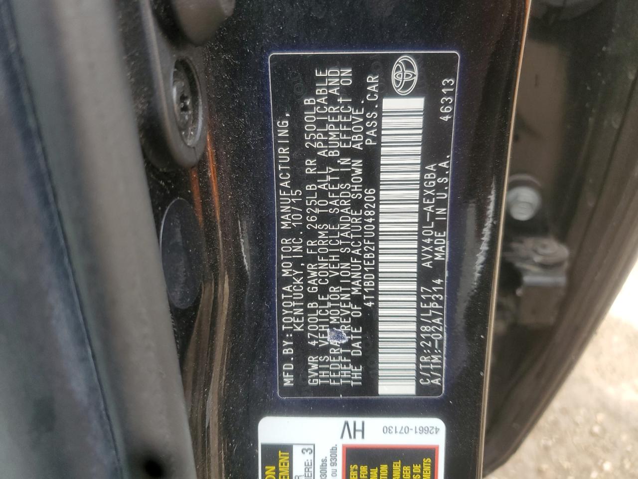 2015 Toyota Avalon Hybrid VIN: 4T1BD1EB2FU048206 Lot: 68397635