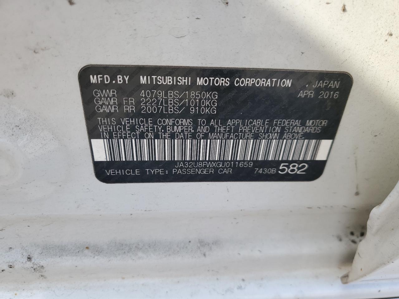 2016 Mitsubishi Lancer Gt VIN: JA32U8FWXGU011659 Lot: 69975765