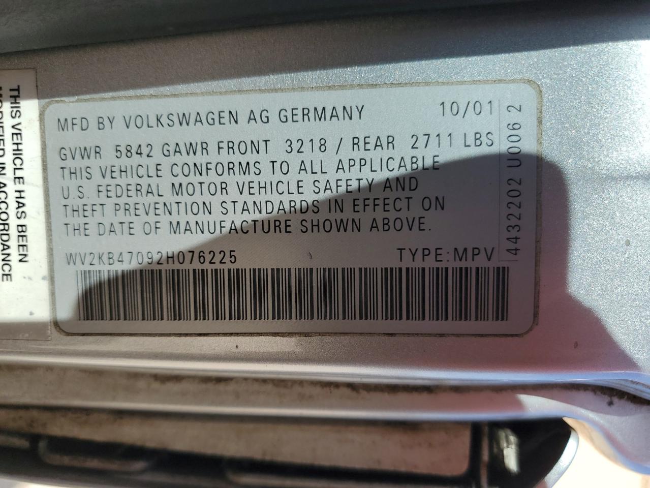 2002 Volkswagen Eurovan Gls VIN: WV2KB47092H076225 Lot: 70983195