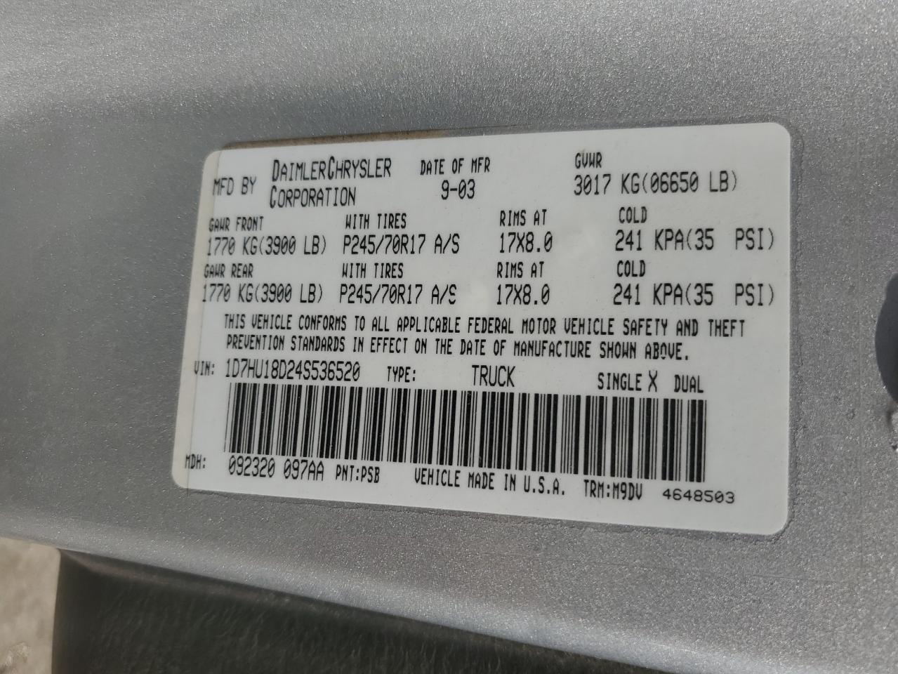2004 Dodge Ram 1500 St VIN: 1D7HU18D24S536520 Lot: 68725275