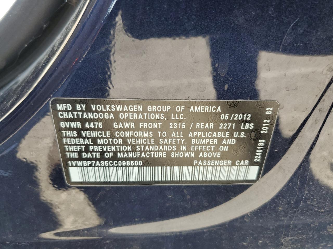 2012 Volkswagen Passat Se VIN: 1VWBP7A35CC098500 Lot: 68120155