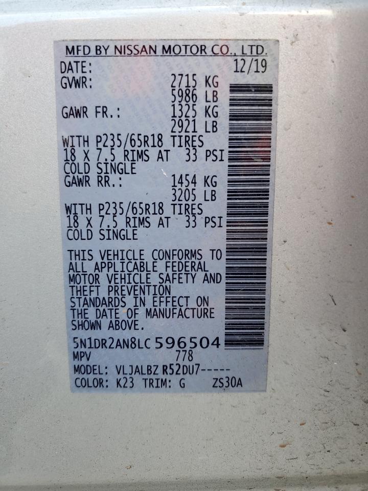 2020 Nissan Pathfinder S VIN: 5N1DR2AN8LC596504 Lot: 68939915