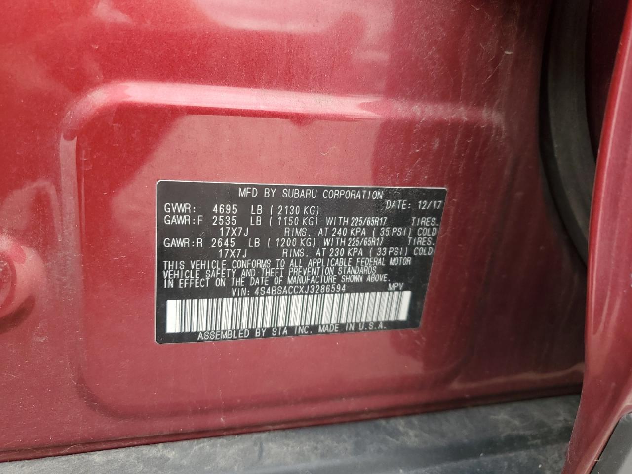 2018 Subaru Outback 2.5I Premium VIN: 4S4BSACCXJ3286594 Lot: 69457985