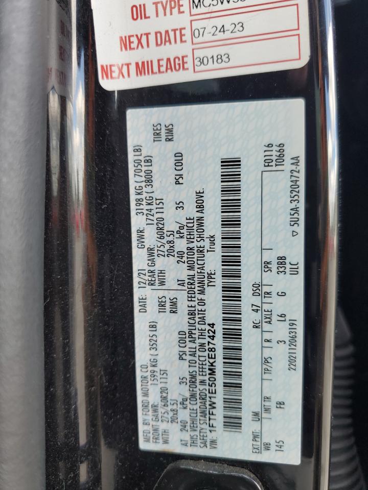 2021 Ford F150 Supercrew VIN: 1FTFW1E50MKE87424 Lot: 70187605