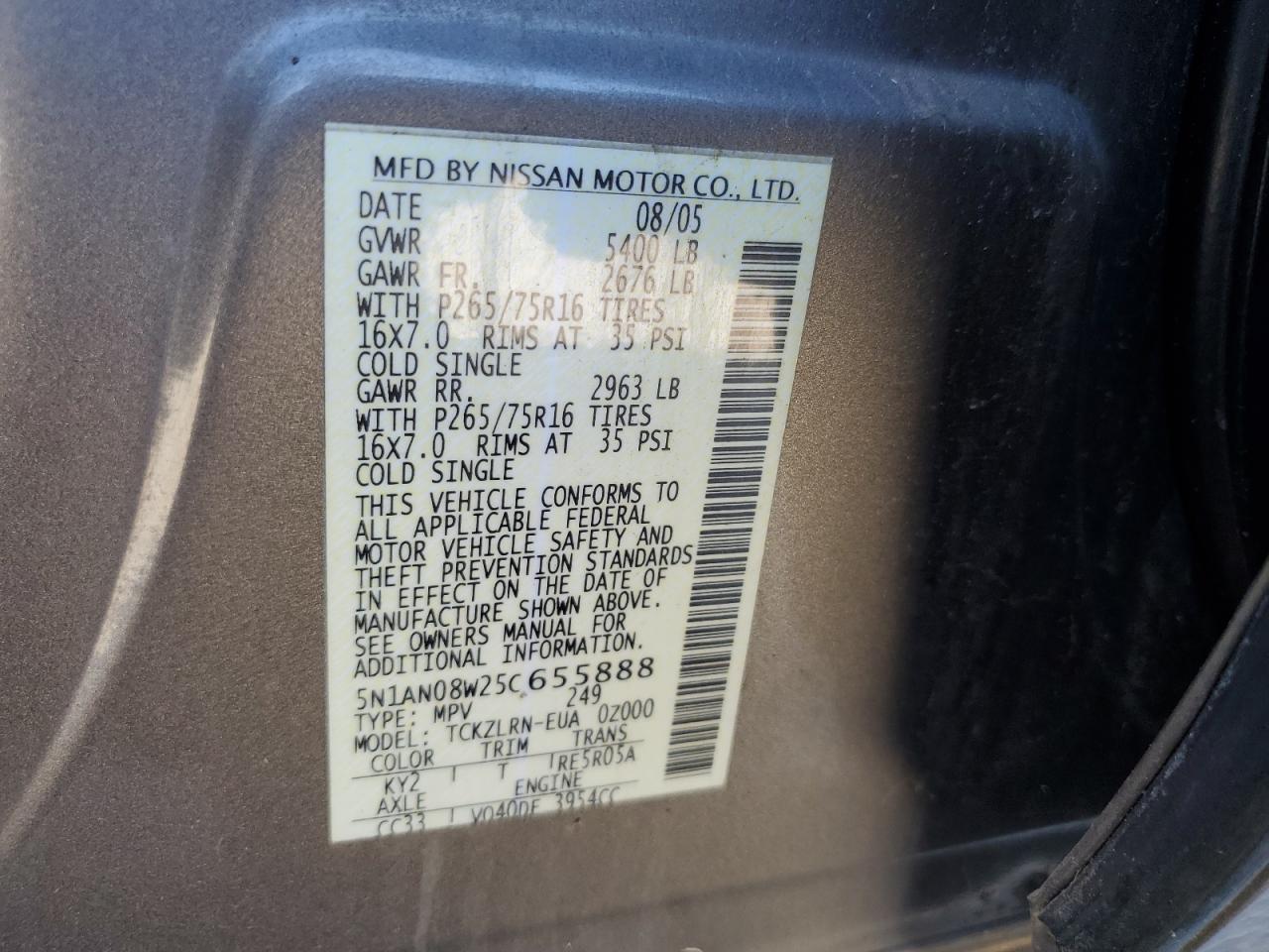 2005 Nissan Xterra Off Road VIN: 5N1AN08W25C655888 Lot: 69781635