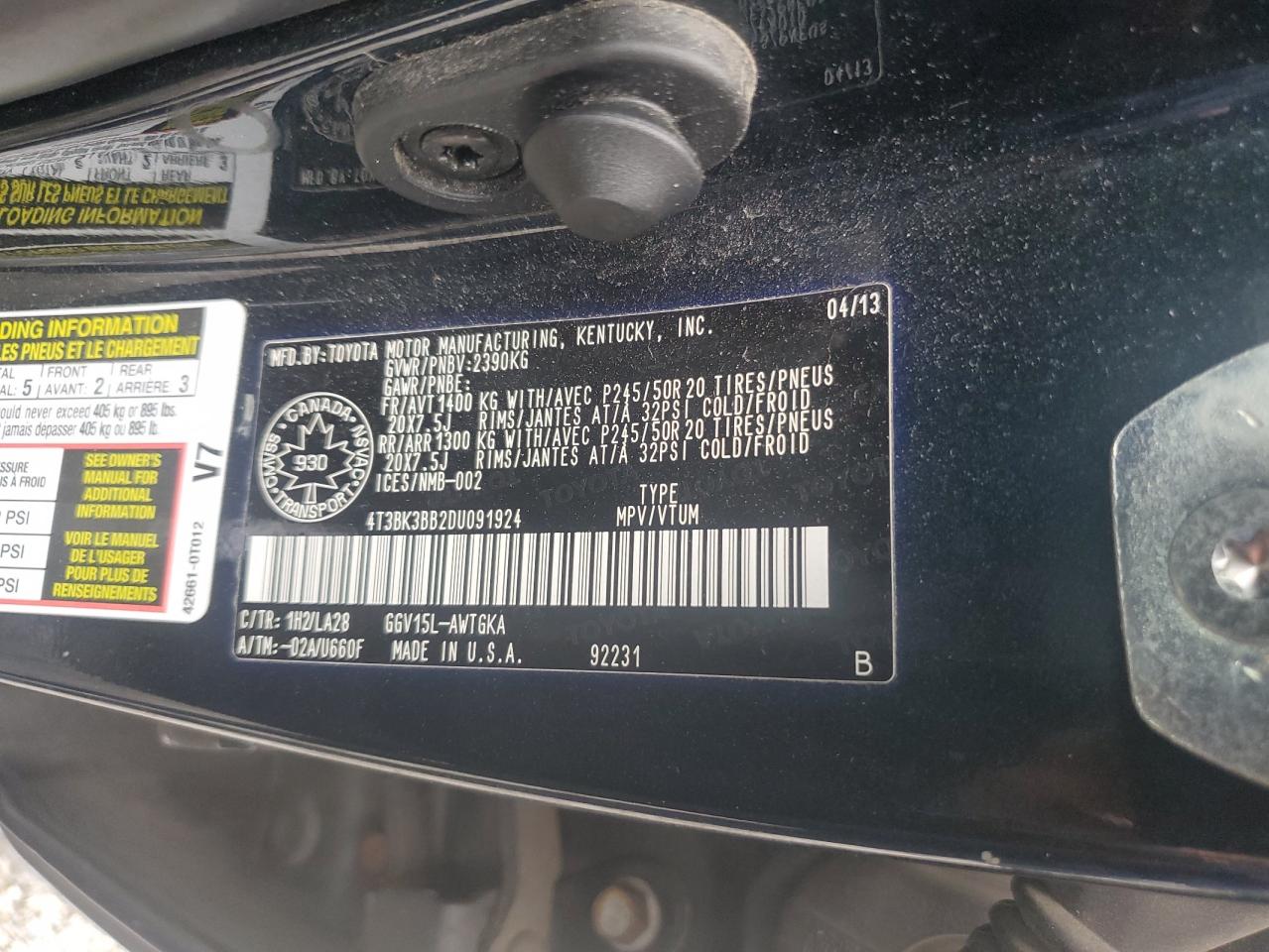 2013 Toyota Venza Le VIN: 4T3BK3BB2DU091924 Lot: 68656935