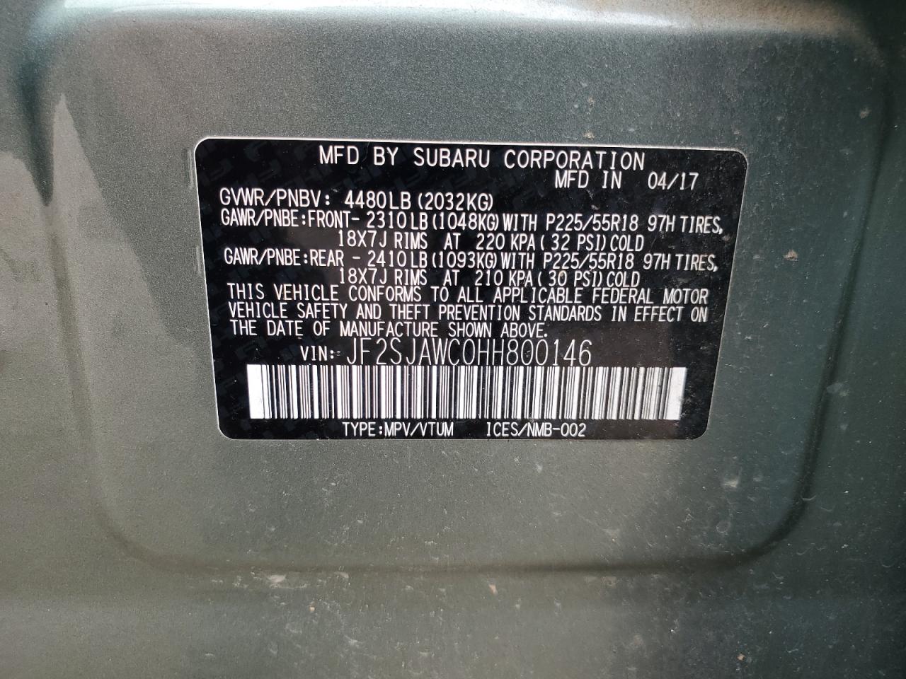 2017 Subaru Forester 2.5I Touring VIN: JF2SJAWC0HH800146 Lot: 70633365