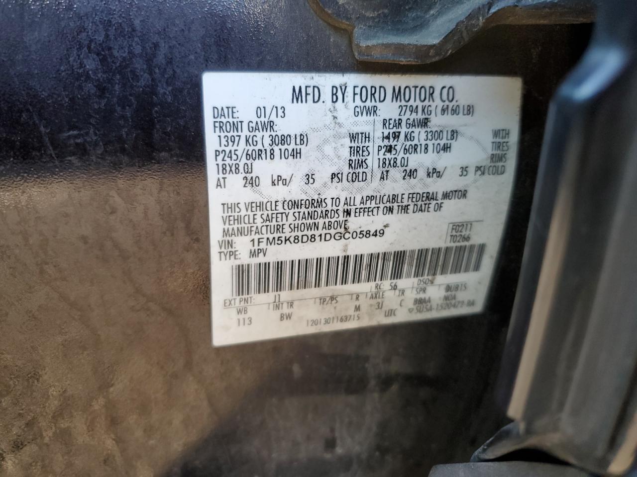 2013 Ford Explorer Xlt VIN: 1FM5K8D81DGC05849 Lot: 68379415