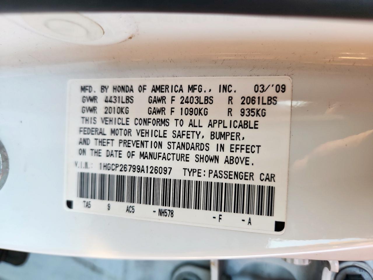 2009 Honda Accord Ex VIN: 1HGCP26799A126097 Lot: 69125755