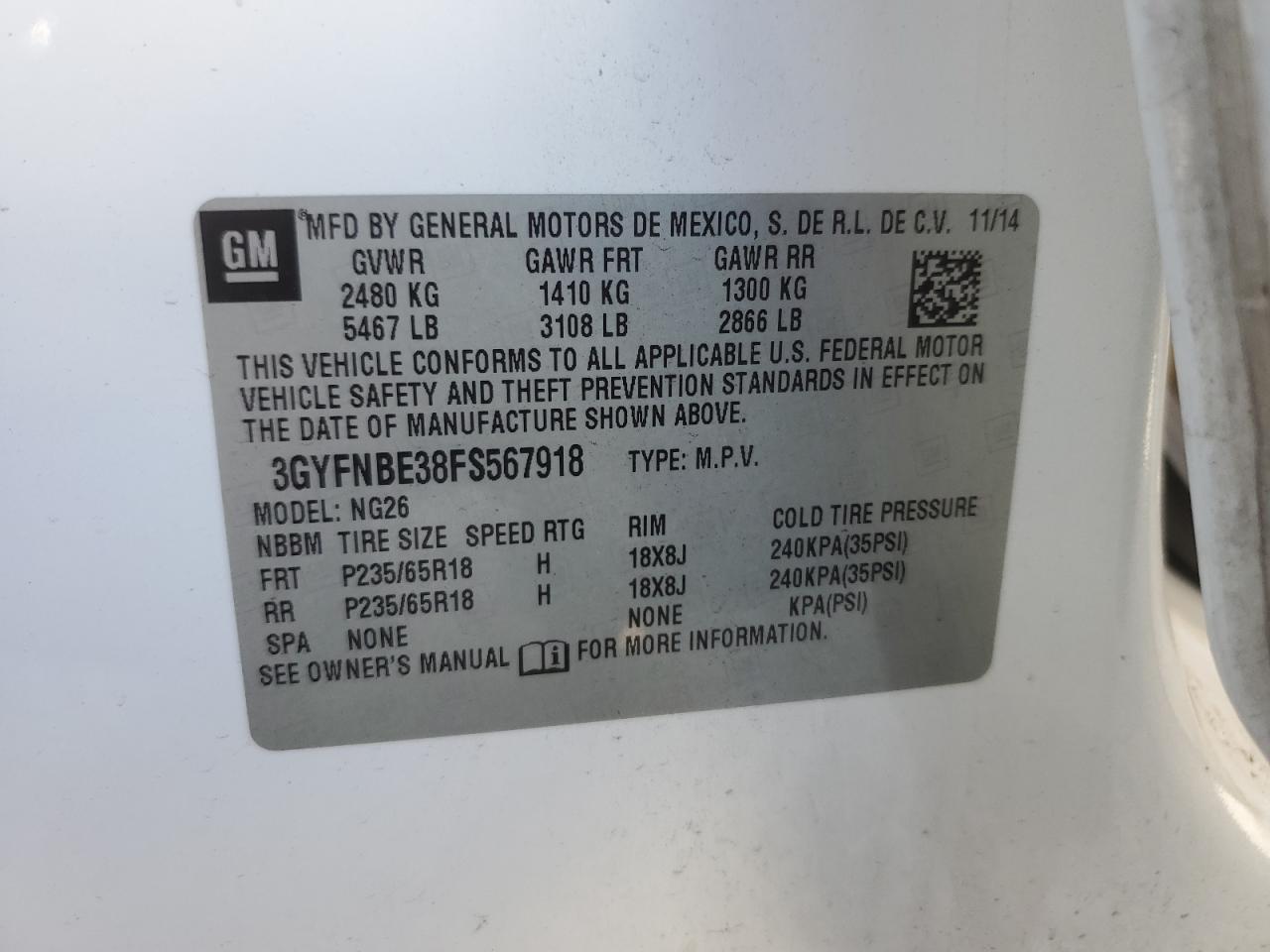 2015 Cadillac Srx Luxury Collection VIN: 3GYFNBE38FS567918 Lot: 69610985