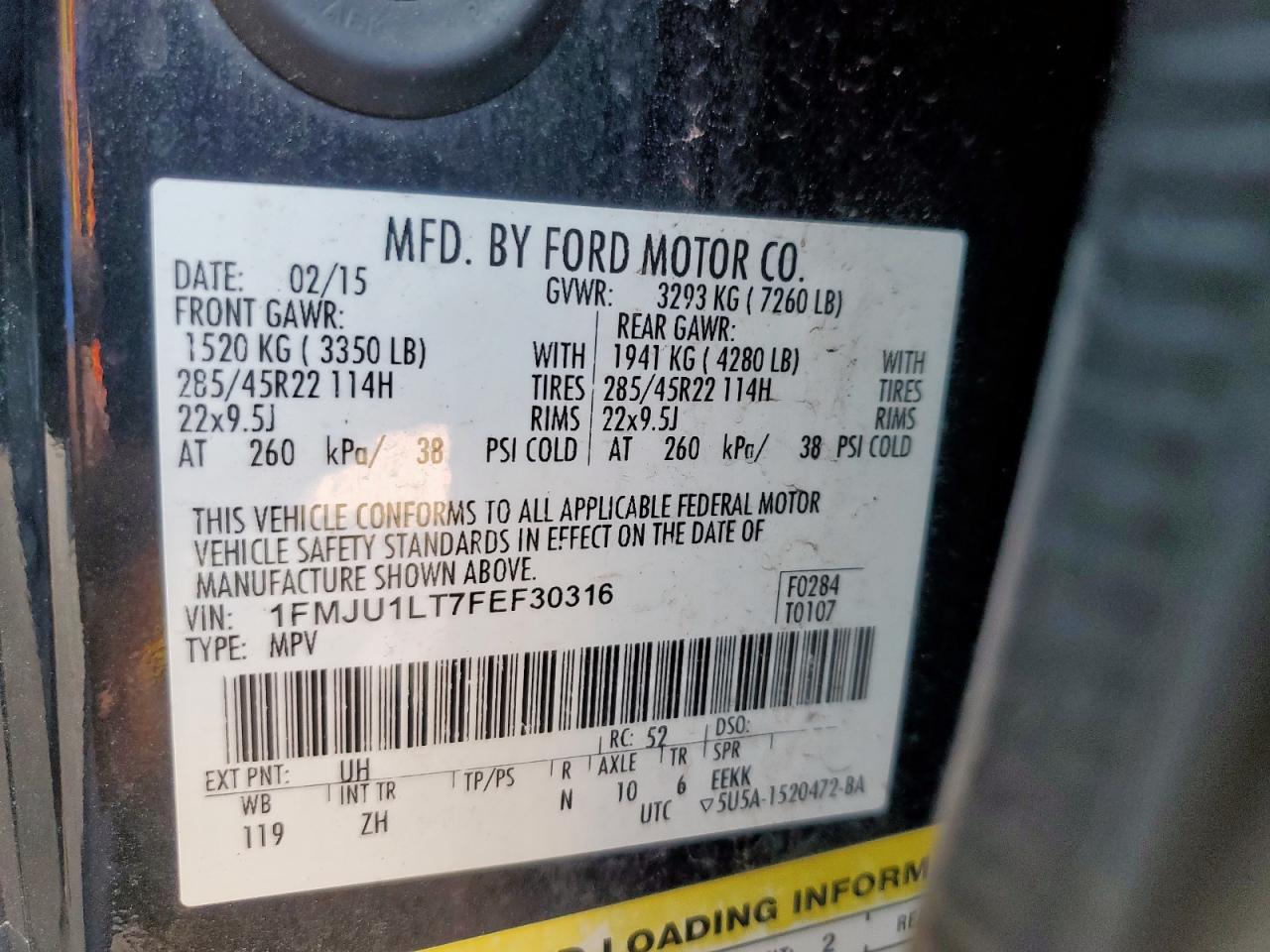 2015 Ford Expedition Platinum VIN: 1FMJU1LT7FEF30316 Lot: 70195545