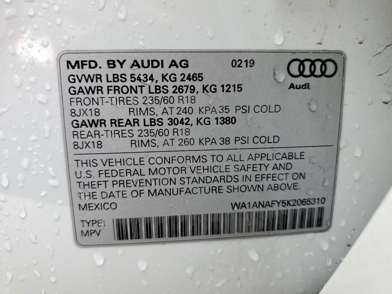 2019 Audi Q5 Premium VIN: WA1ANAFY5K2065310 Lot: 69029925