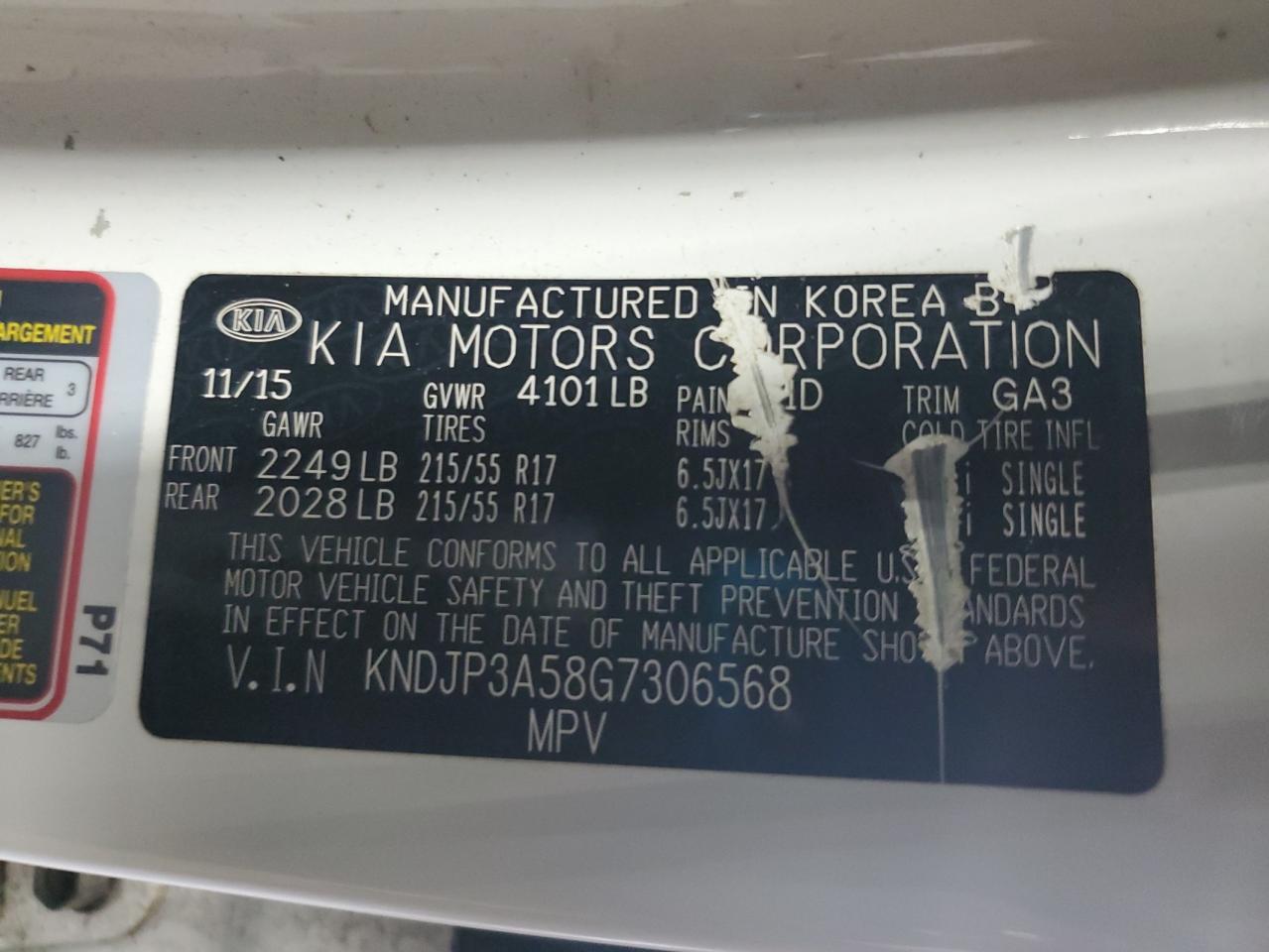 2016 Kia Soul + VIN: KNDJP3A58G7306568 Lot: 68195015
