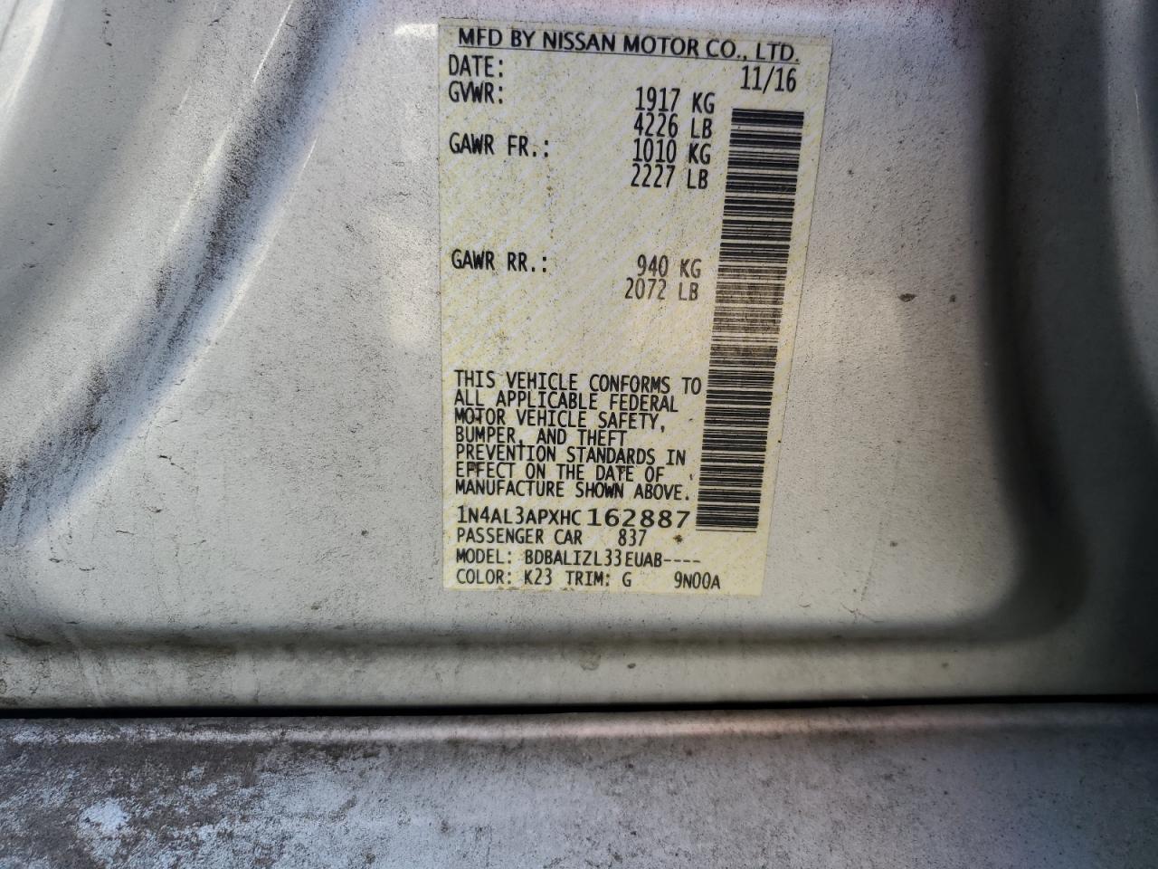 2017 Nissan Altima 2.5 VIN: 1N4AL3APXHC162887 Lot: 68200475