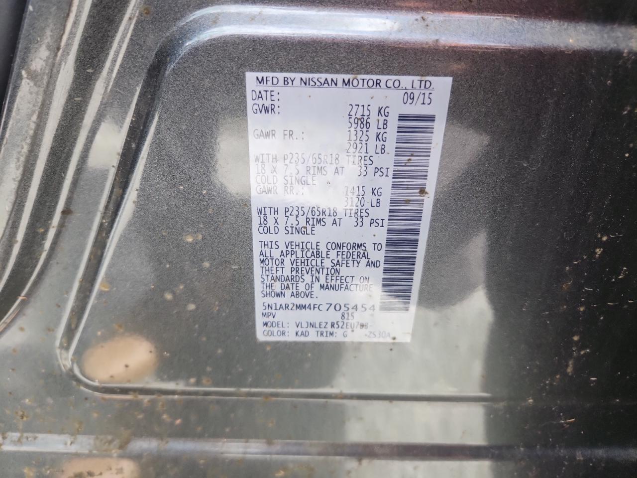 2015 Nissan Pathfinder S VIN: 5N1AR2MM4FC705454 Lot: 68354385