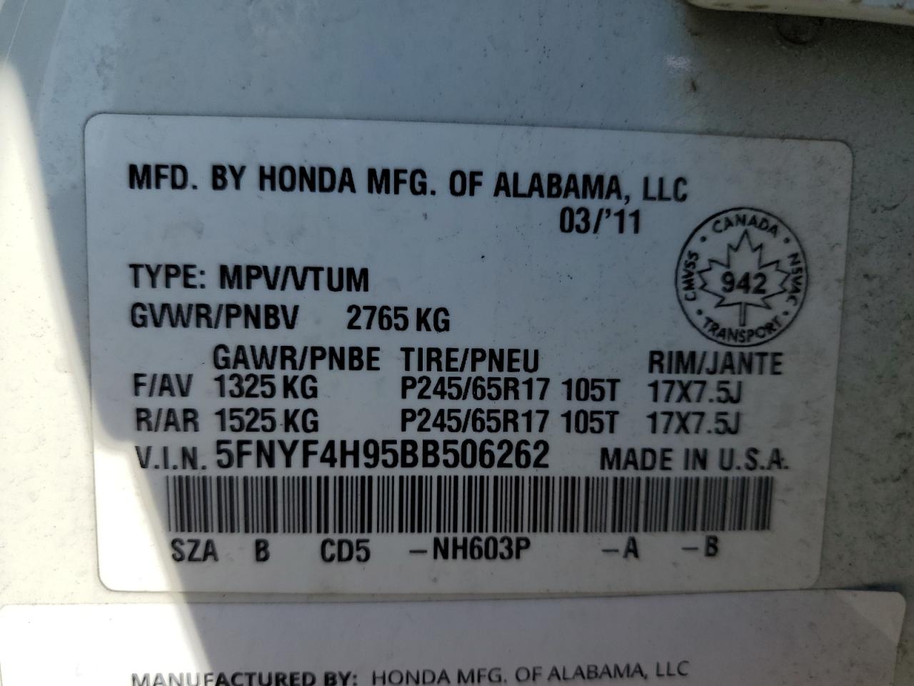 2011 Honda Pilot Touring VIN: 5FNYF4H95BB506262 Lot: 68335615