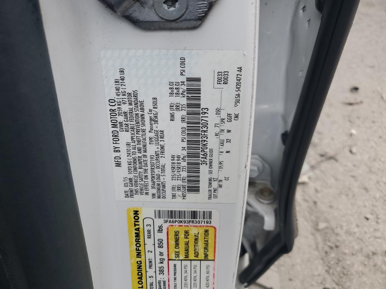 2015 Ford Fusion Titanium VIN: 3FA6P0K93FR307193 Lot: 69143955