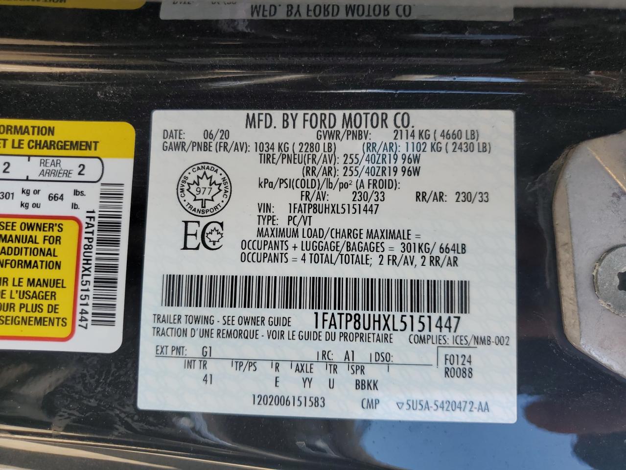 2020 Ford Mustang VIN: 1FATP8UHXL5151447 Lot: 68739535