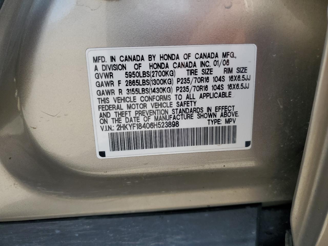 2006 Honda Pilot Ex VIN: 2HKYF18406H523898 Lot: 70336865