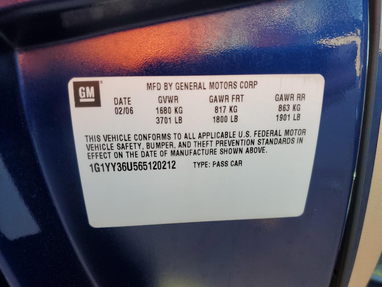 2006 Chevrolet Corvette VIN: 1G1YY36U565120212 Lot: 67115255