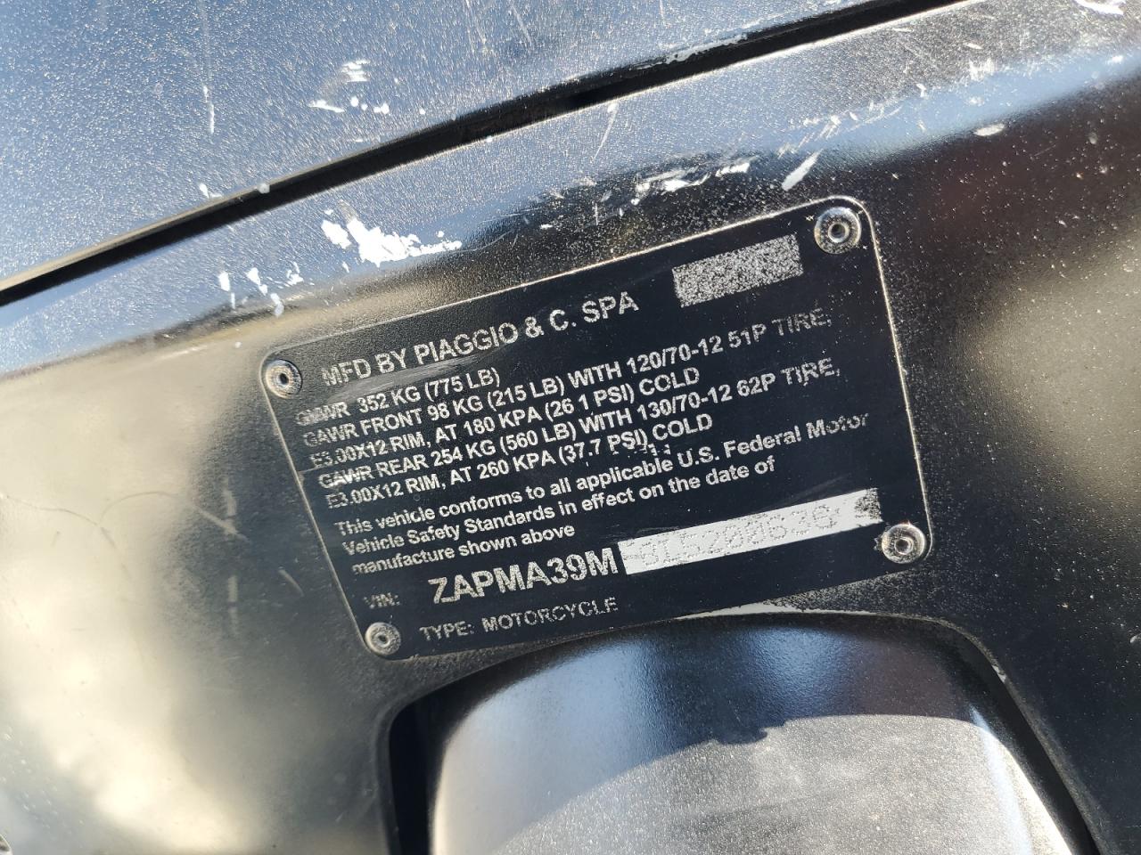 2020 Vespa Gts VIN: ZAPMA39M8L5200636 Lot: 70929735