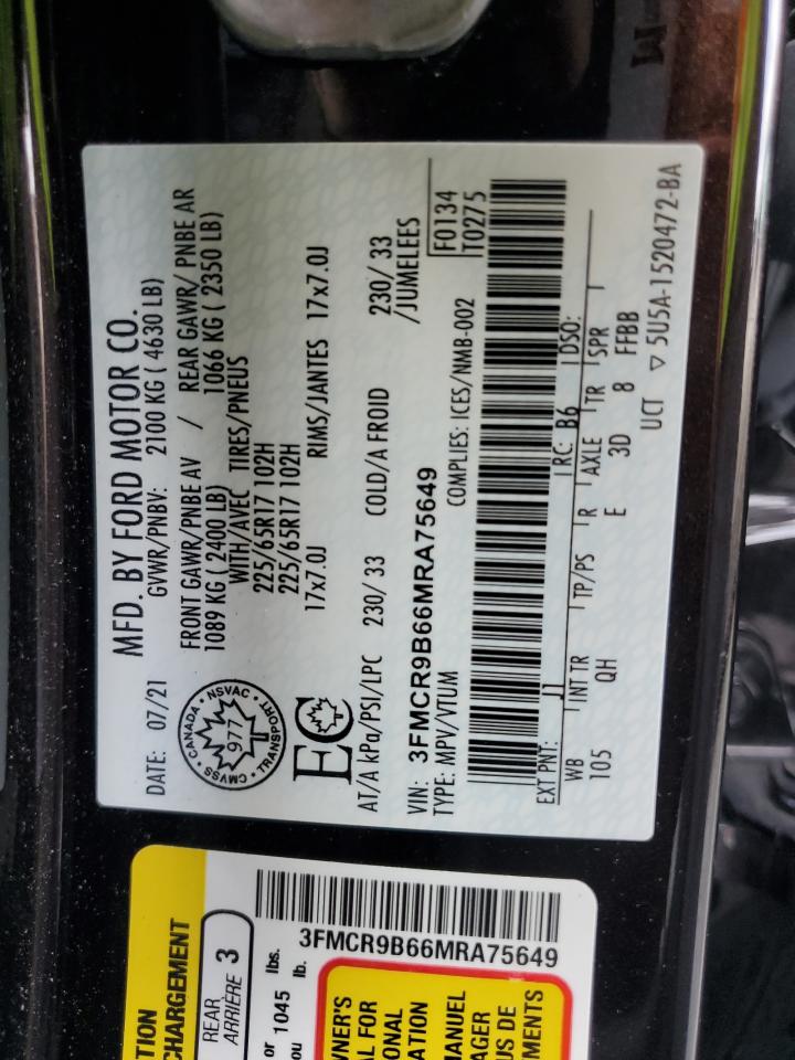 2021 Ford Bronco Sport Big Bend VIN: 3FMCR9B66MRA75649 Lot: 69736095