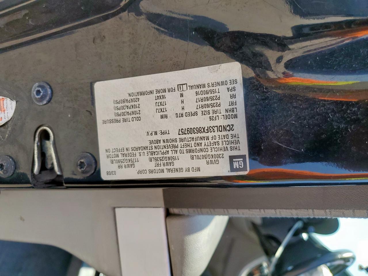 2008 Chevrolet Equinox Lt VIN: 2CNDL33FX86309757 Lot: 68382235