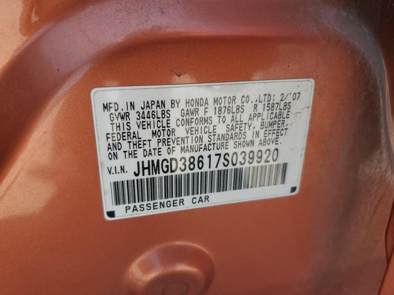 2007 Honda Fit S VIN: JHMGD38617S039920 Lot: 69235345