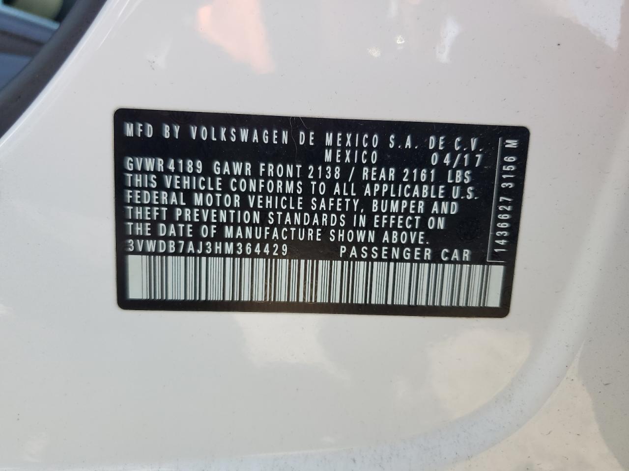 3VWDB7AJ3HM364429 2017 Volkswagen Jetta Se