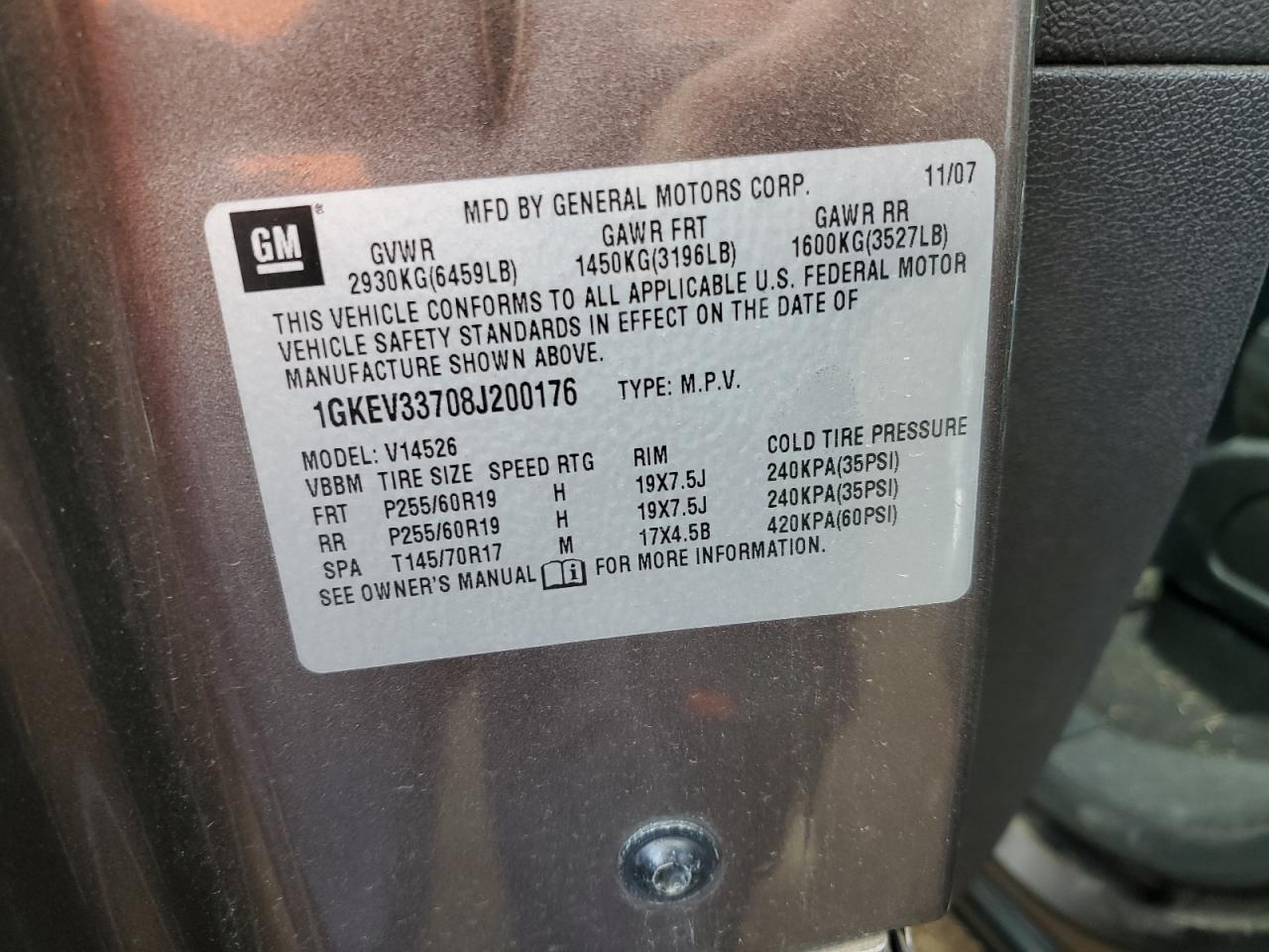 2008 GMC Acadia Slt-2 VIN: 1GKEV33708J200176 Lot: 69327895