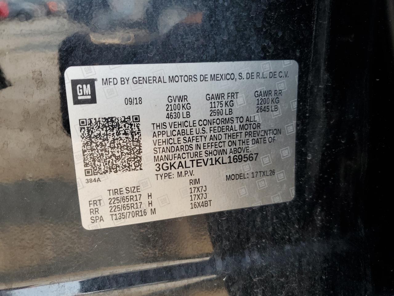 2019 GMC Terrain Sle VIN: 3GKALTEV1KL169567 Lot: 67081485
