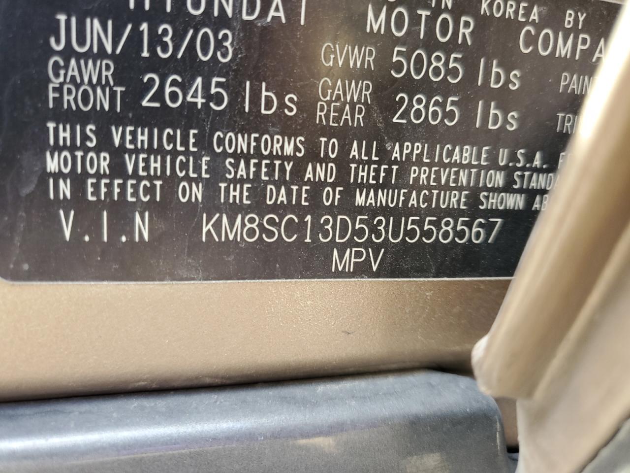 2003 Hyundai Santa Fe Gls VIN: KM8SC13D53U558567 Lot: 70406325