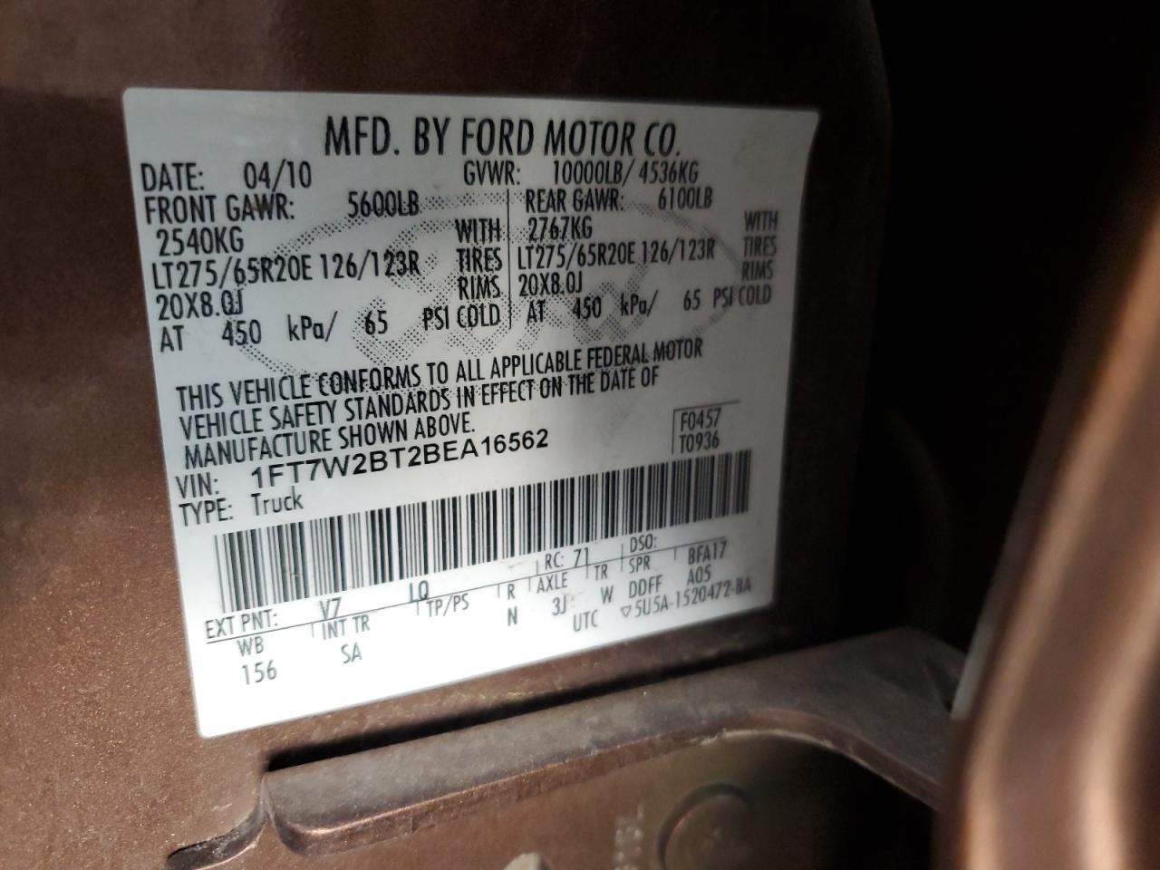 2011 Ford F250 Super Duty VIN: 1FT7W2BT2BEA16562 Lot: 70422415