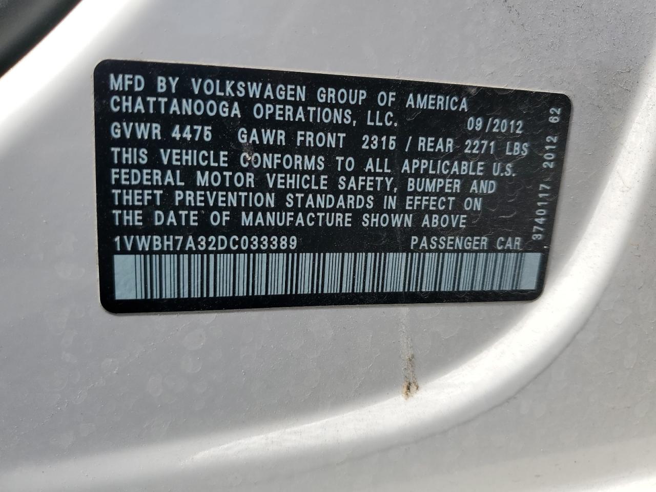 2013 Volkswagen Passat Se VIN: 1VWBH7A32DC033389 Lot: 69584415