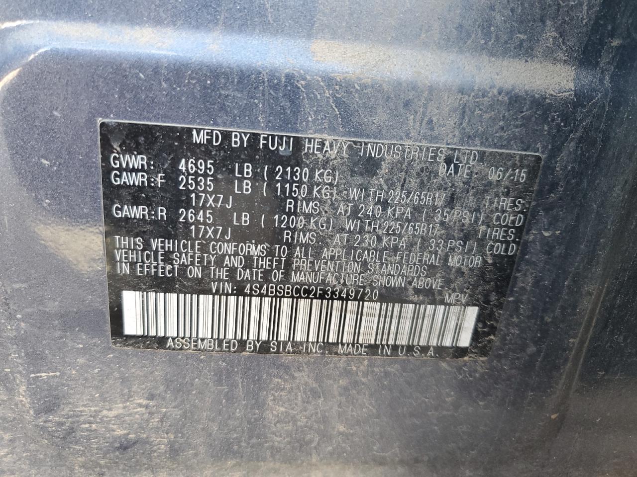 2015 Subaru Outback 2.5I Premium VIN: 4S4BSBCC2F3349720 Lot: 93227015