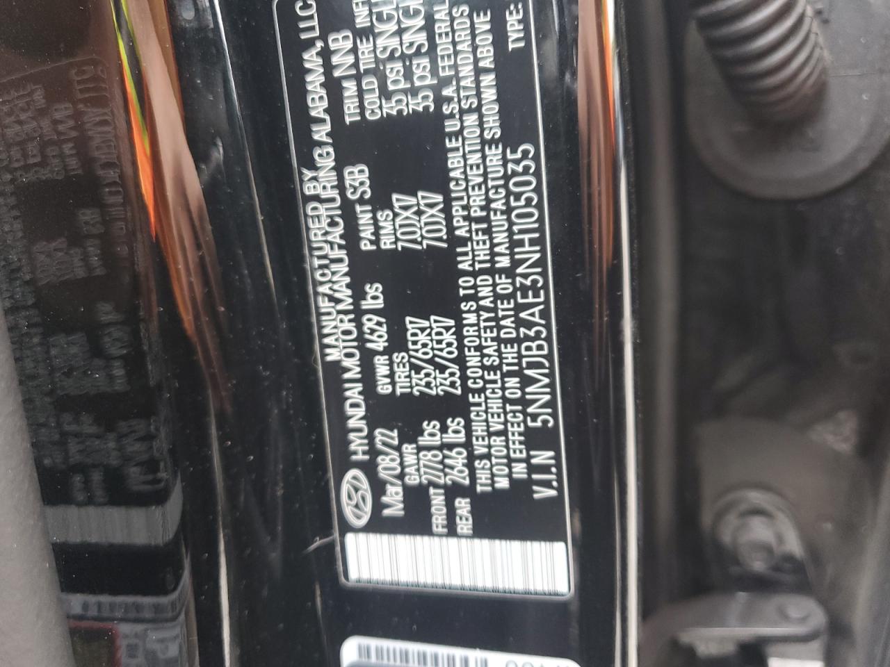 2022 Hyundai Tucson Sel VIN: 5NMJB3AE3NH105035 Lot: 70459925