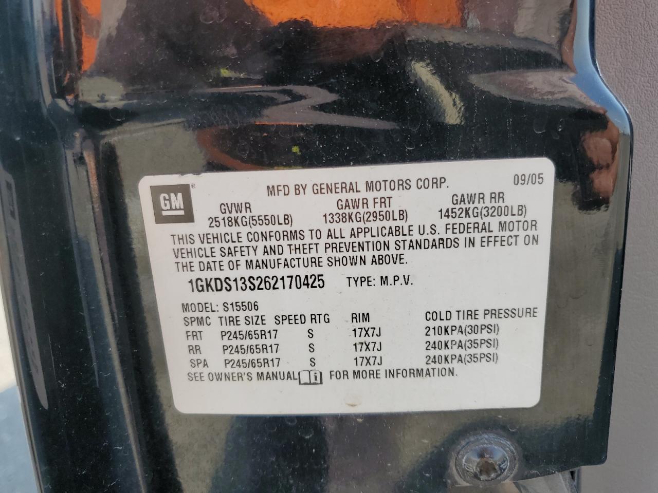 2006 GMC Envoy VIN: 1GKDS13S262170425 Lot: 71032095