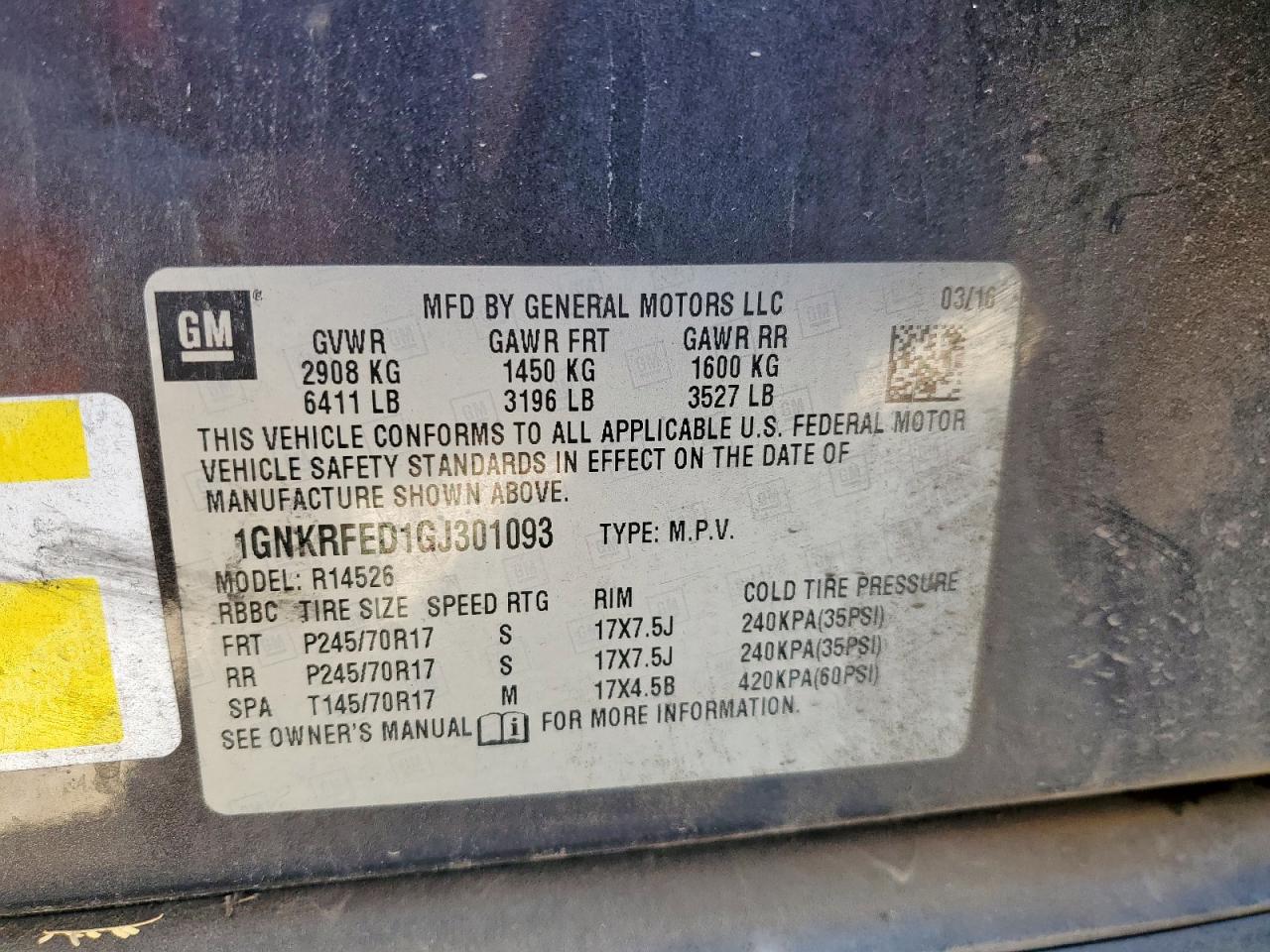 2016 Chevrolet Traverse Ls VIN: 1GNKRFED1GJ301093 Lot: 70008945