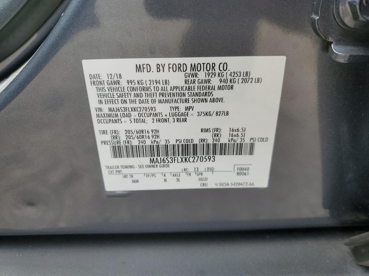 2019 Ford Ecosport S VIN: MAJ6S3FLXKC270593 Lot: 69100615