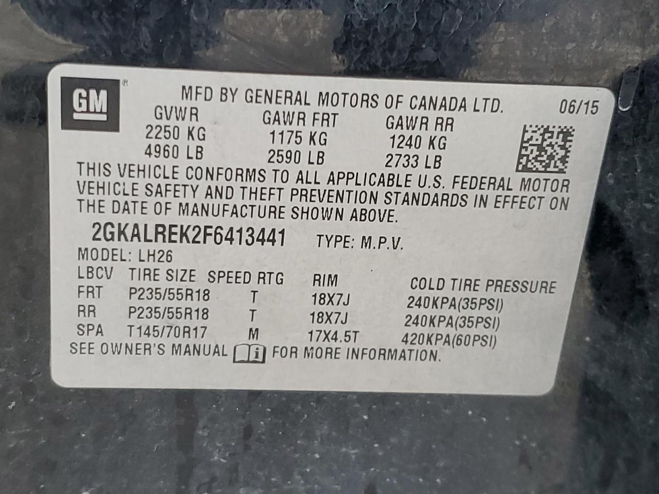 2015 GMC Terrain Sle VIN: 2GKALREK2F6413441 Lot: 84361605