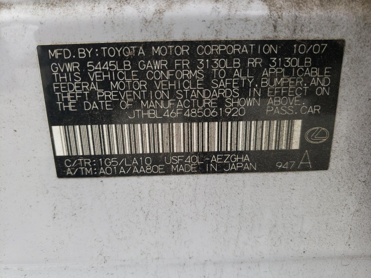 2008 Lexus Ls 460 VIN: JTHBL46F485061920 Lot: 68228335