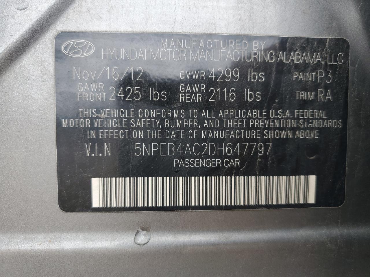 2013 Hyundai Sonata Gls VIN: 5NPEB4AC2DH647797 Lot: 69464945