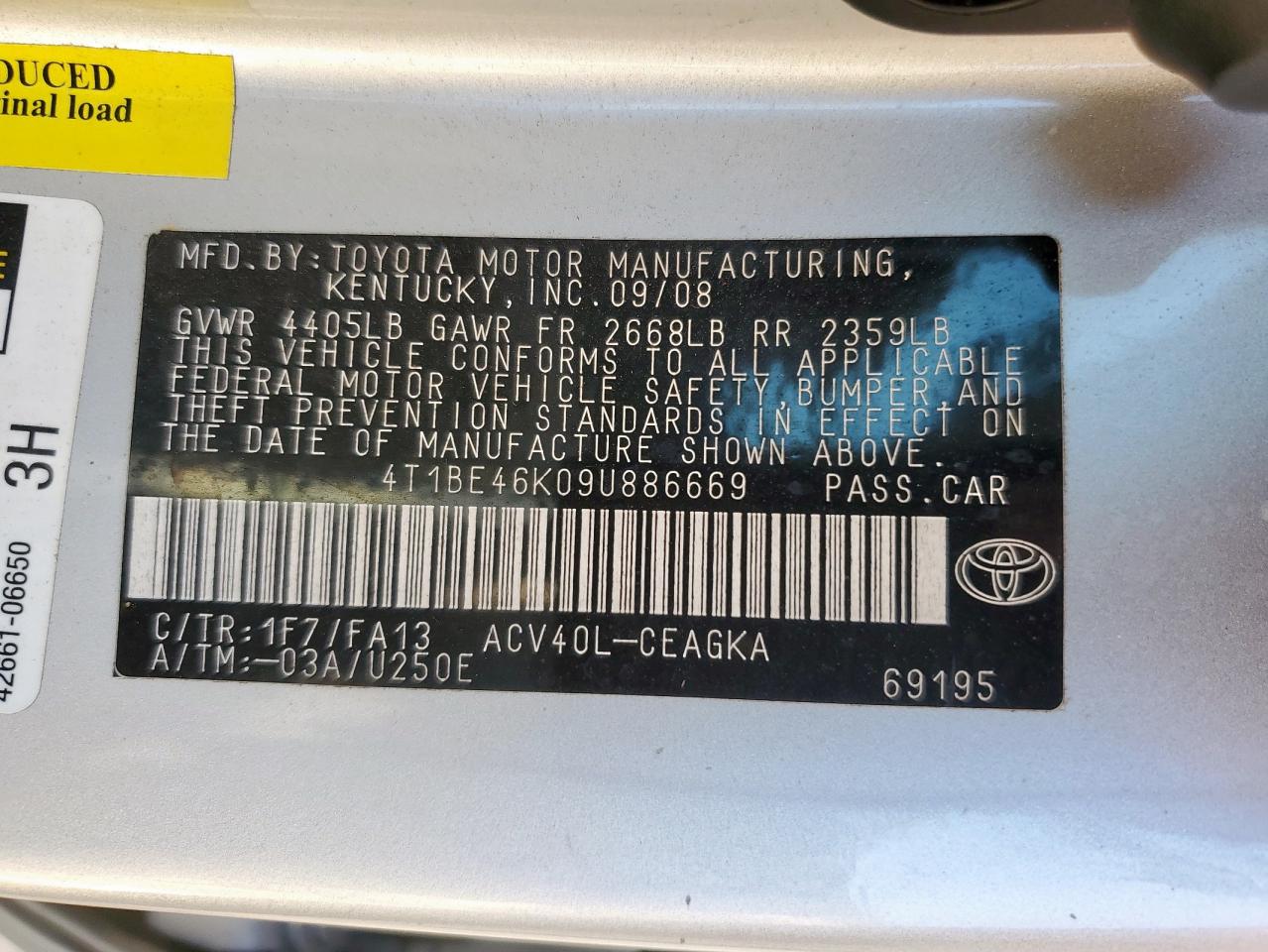 2009 Toyota Camry Base VIN: 4T1BE46K09U886669 Lot: 69007875