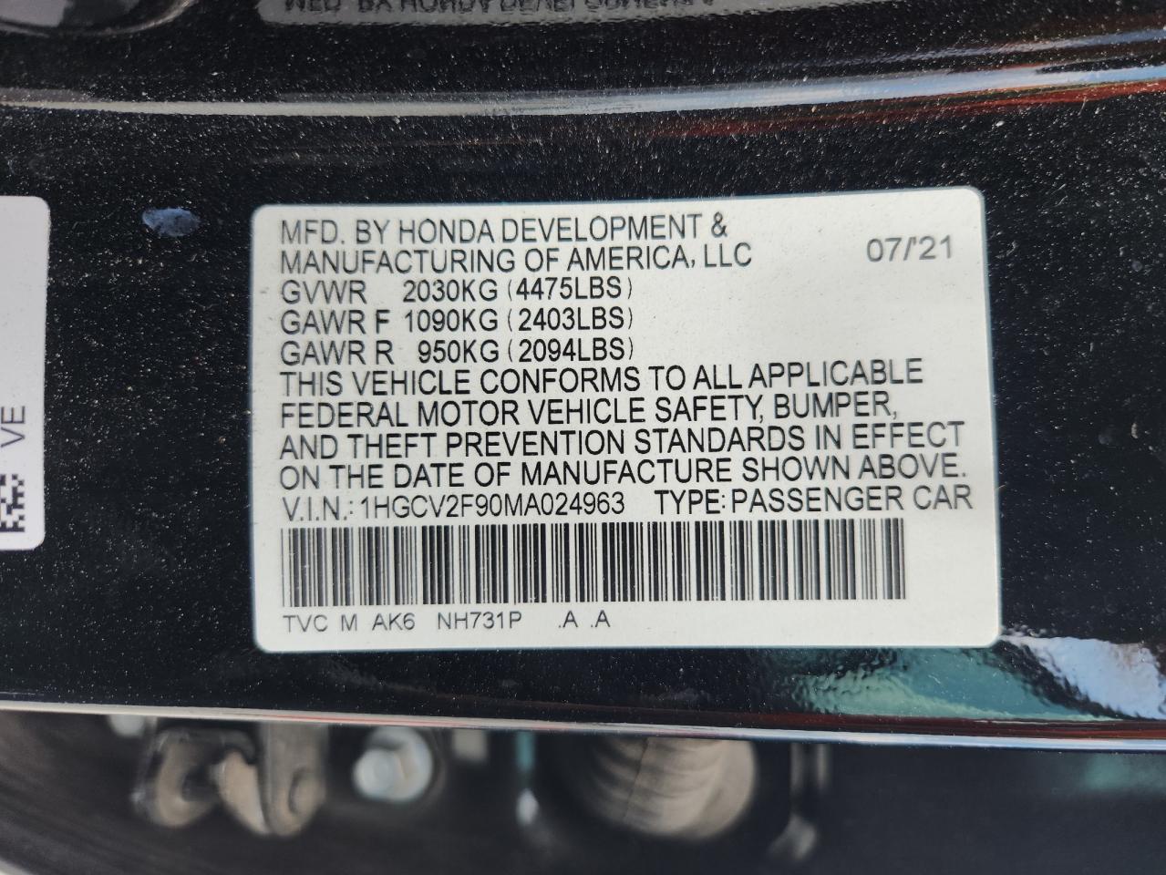 2021 Honda Accord Touring VIN: 1HGCV2F90MA024963 Lot: 67002035