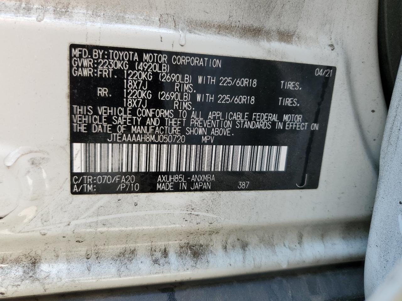 2021 Toyota Venza Le VIN: JTEAAAAH8MJ050720 Lot: 67371595