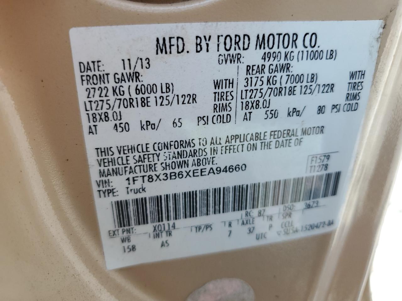 2014 Ford F350 Super Duty VIN: 1FT8X3B6XEEA94660 Lot: 71934485
