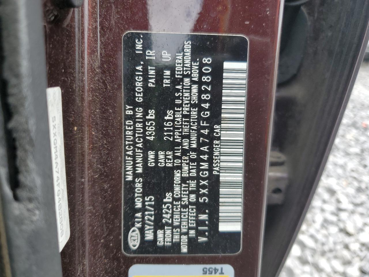 2015 Kia Optima Lx VIN: 5XXGM4A74FG482808 Lot: 67906665