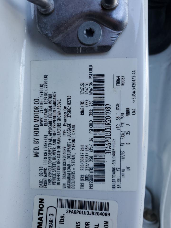 2018 Ford Fusion Se Hybrid VIN: 3FA6P0LU3JR204089 Lot: 70386365