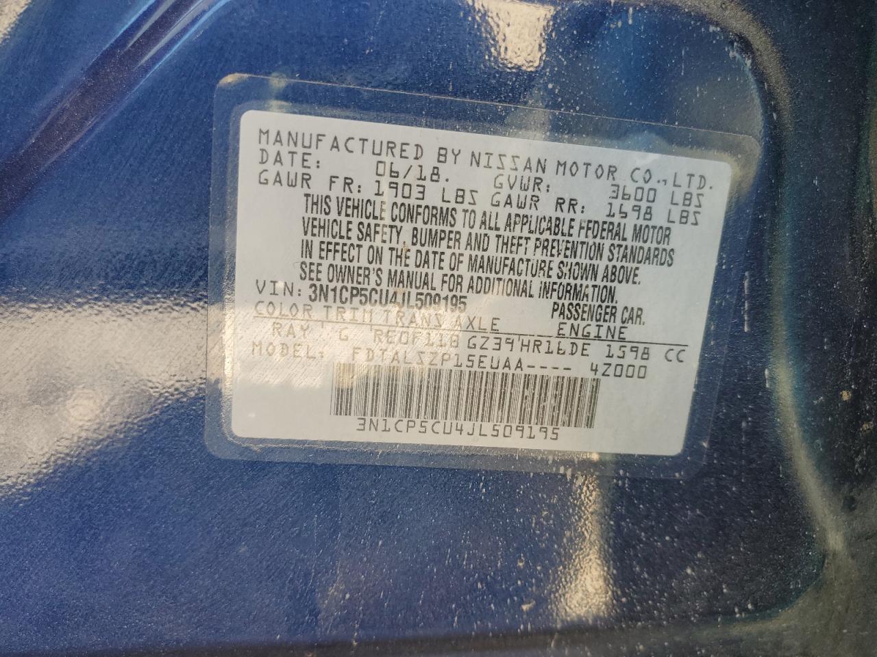 2018 Nissan Kicks S VIN: 3N1CP5CU4JL509195 Lot: 68848715