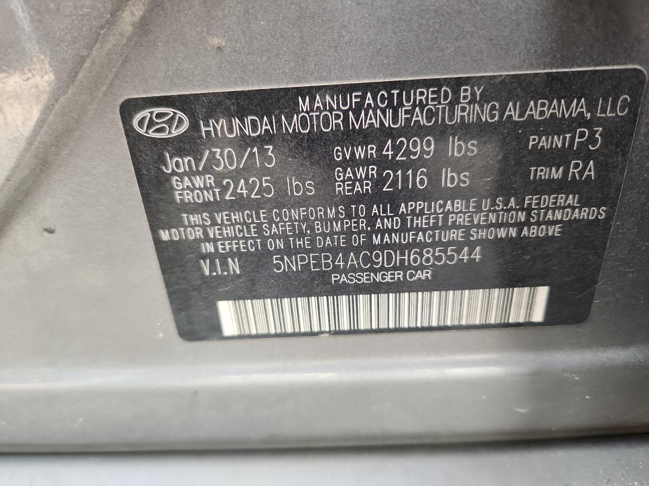 2013 Hyundai Sonata Gls VIN: 5NPEB4AC9DH685544 Lot: 70215285